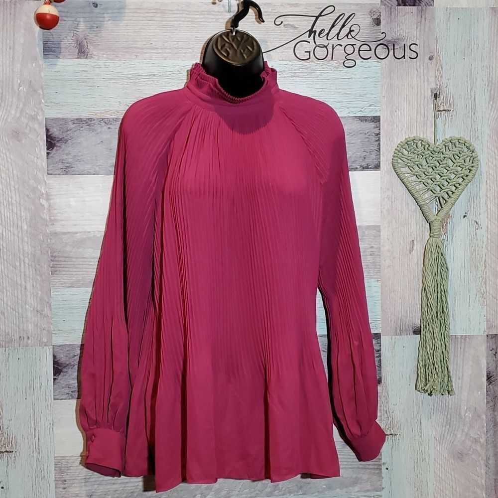 Eva Longoria Plum Pleated High Neck Career Blouse Long Sleeve, Size M